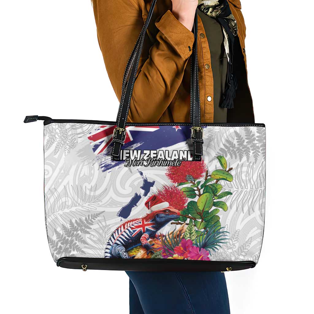New Zealand Christmas Leather Tote Bag Meri Kirihimete-Tuatara and Pohutukawa White Color LT03 - Polynesian Pride