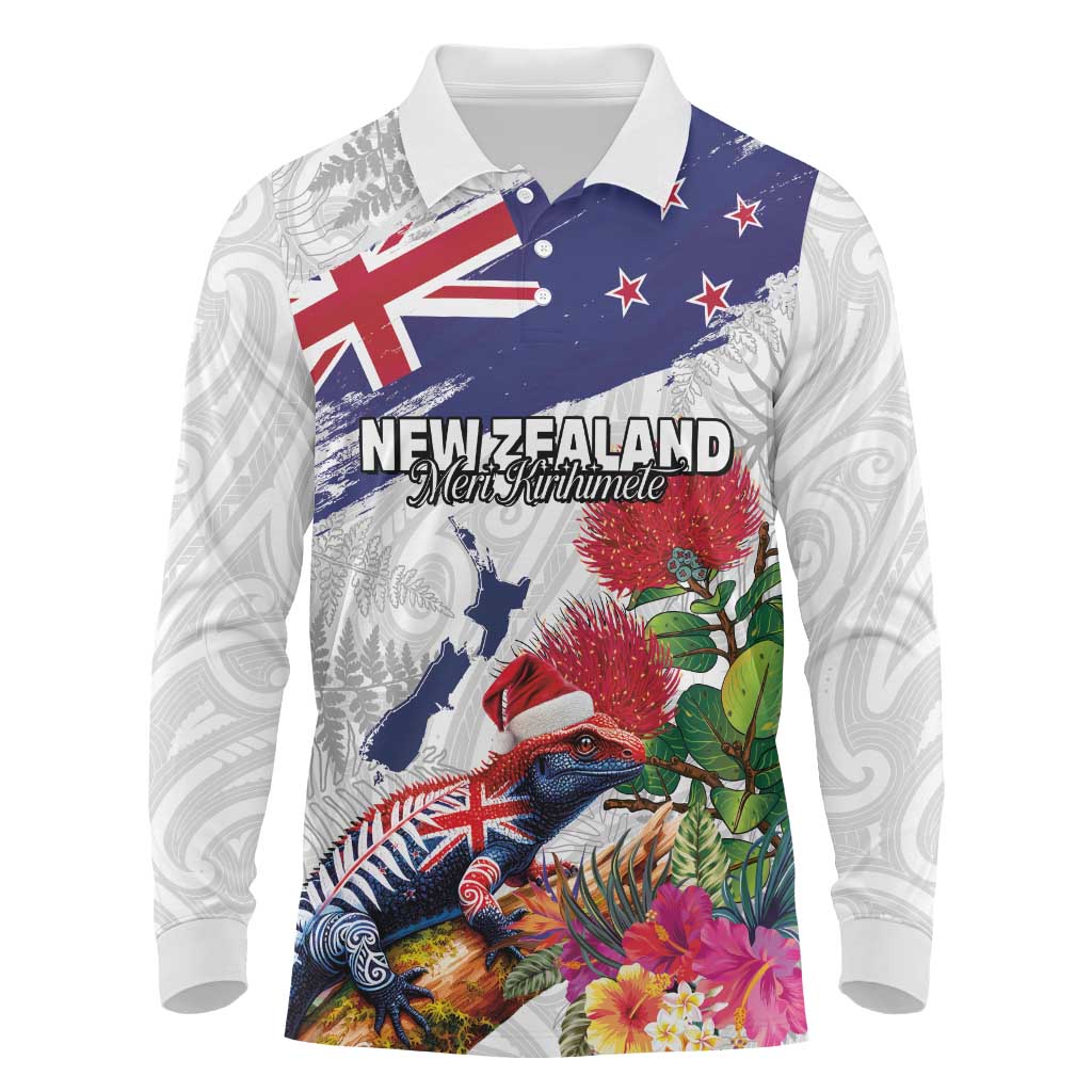 New Zealand Christmas Long Sleeve Polo Shirt Meri Kirihimete-Tuatara and Pohutukawa White Color LT03 White - Polynesian Pride