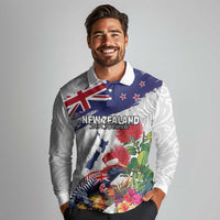 New Zealand Christmas Long Sleeve Polo Shirt Meri Kirihimete-Tuatara and Pohutukawa White Color LT03 - Polynesian Pride
