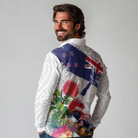 New Zealand Christmas Long Sleeve Polo Shirt Meri Kirihimete-Tuatara and Pohutukawa White Color LT03 - Polynesian Pride