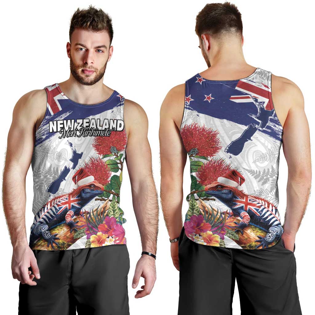 New Zealand Christmas Men Tank Top Meri Kirihimete-Tuatara and Pohutukawa White Color LT03 - Polynesian Pride