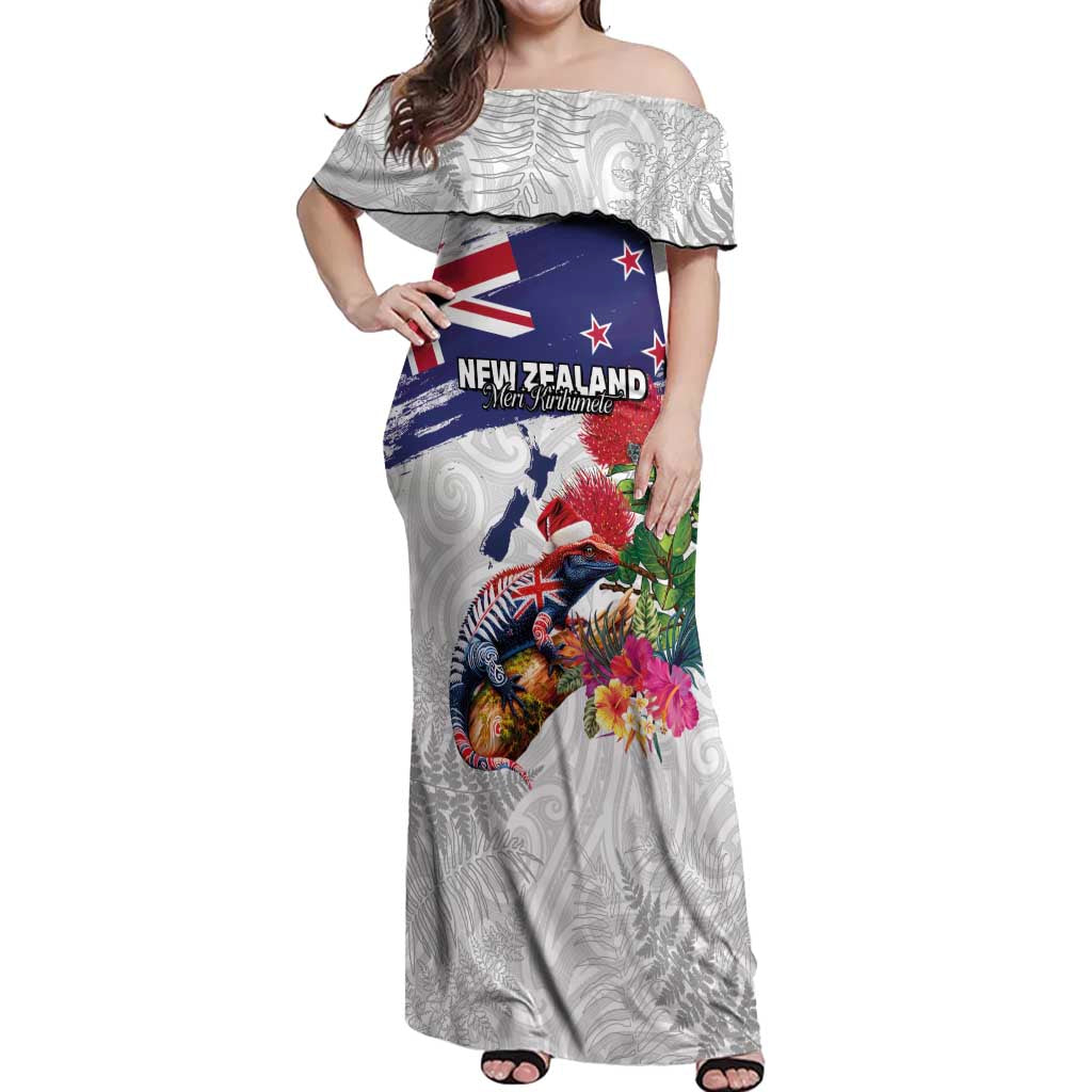 New Zealand Christmas Off Shoulder Maxi Dress Meri Kirihimete-Tuatara and Pohutukawa White Color LT03 Women White - Polynesian Pride