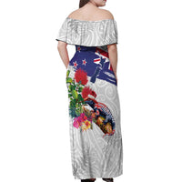 New Zealand Christmas Off Shoulder Maxi Dress Meri Kirihimete-Tuatara and Pohutukawa White Color LT03 - Polynesian Pride