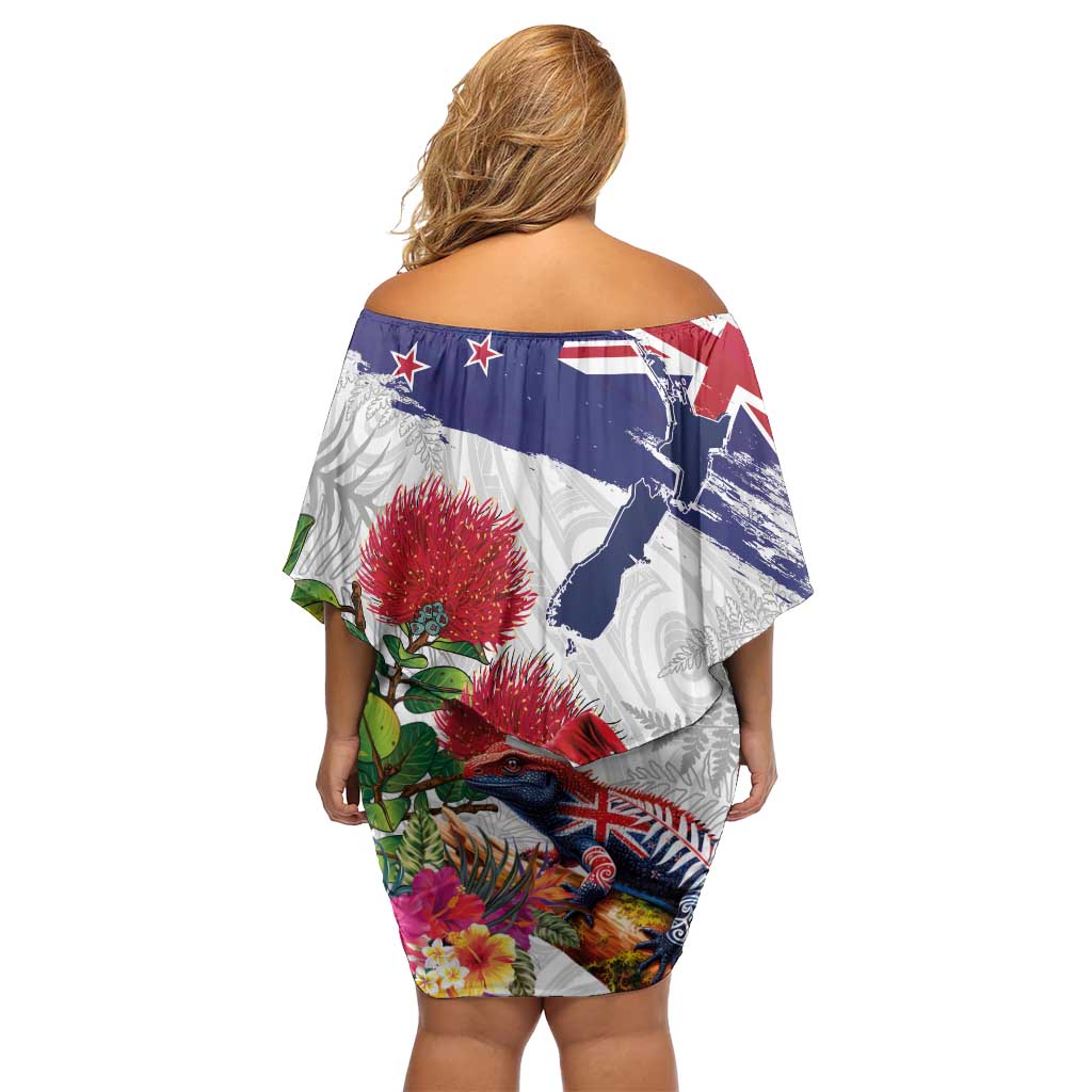 New Zealand Christmas Off Shoulder Short Dress Meri Kirihimete-Tuatara and Pohutukawa White Color LT03 - Polynesian Pride
