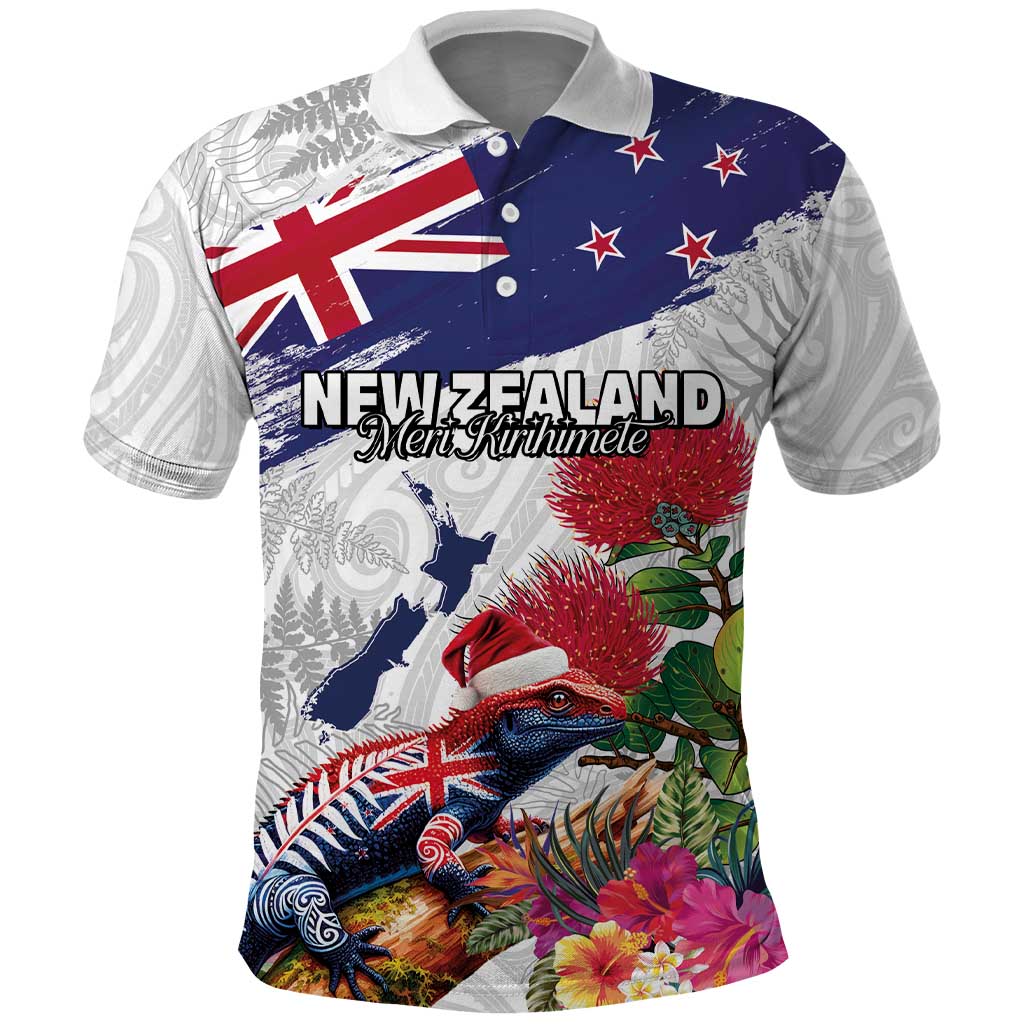 New Zealand Christmas Polo Shirt Meri Kirihimete-Tuatara and Pohutukawa White Color LT03 White - Polynesian Pride
