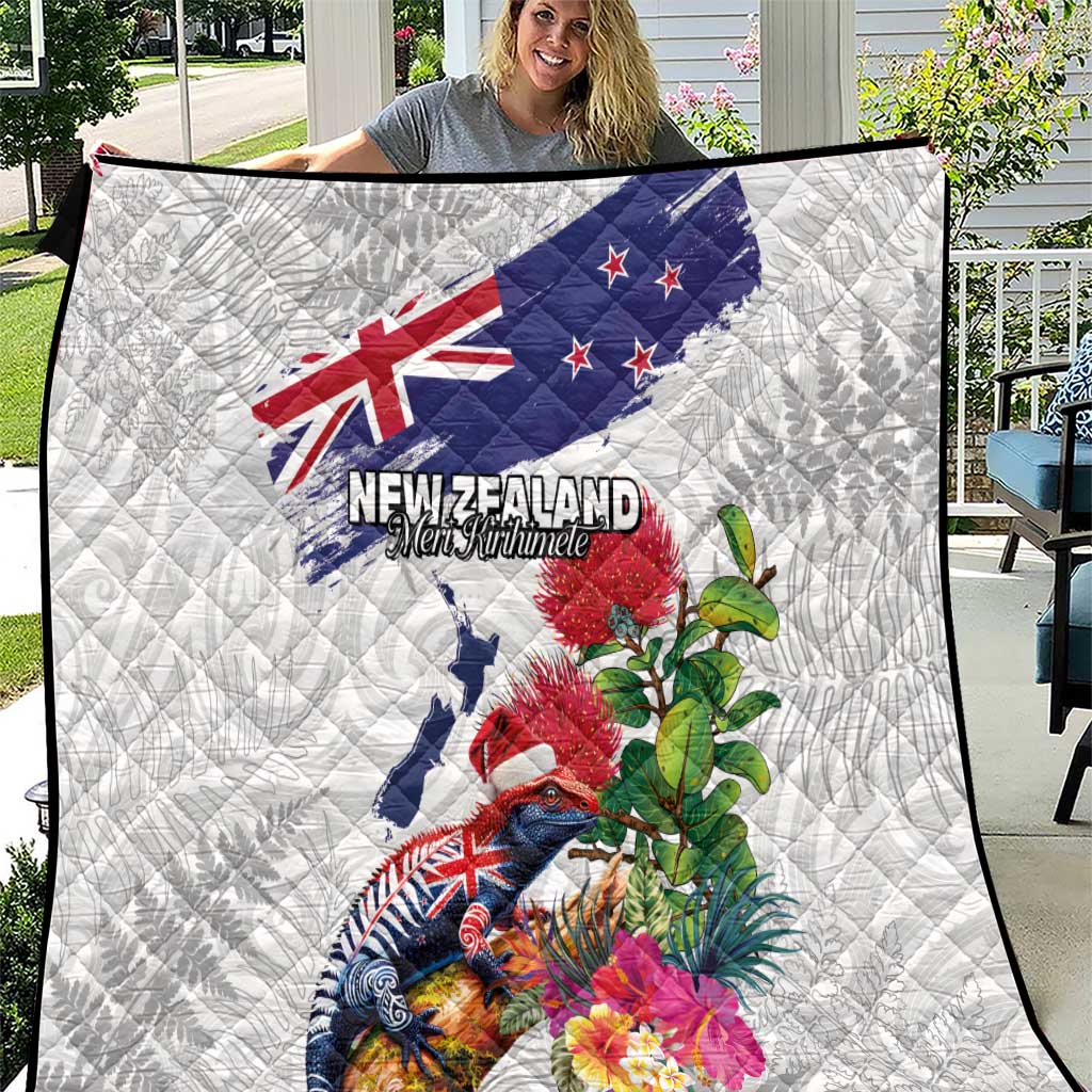 New Zealand Christmas Quilt Meri Kirihimete-Tuatara and Pohutukawa White Color LT03 White - Polynesian Pride