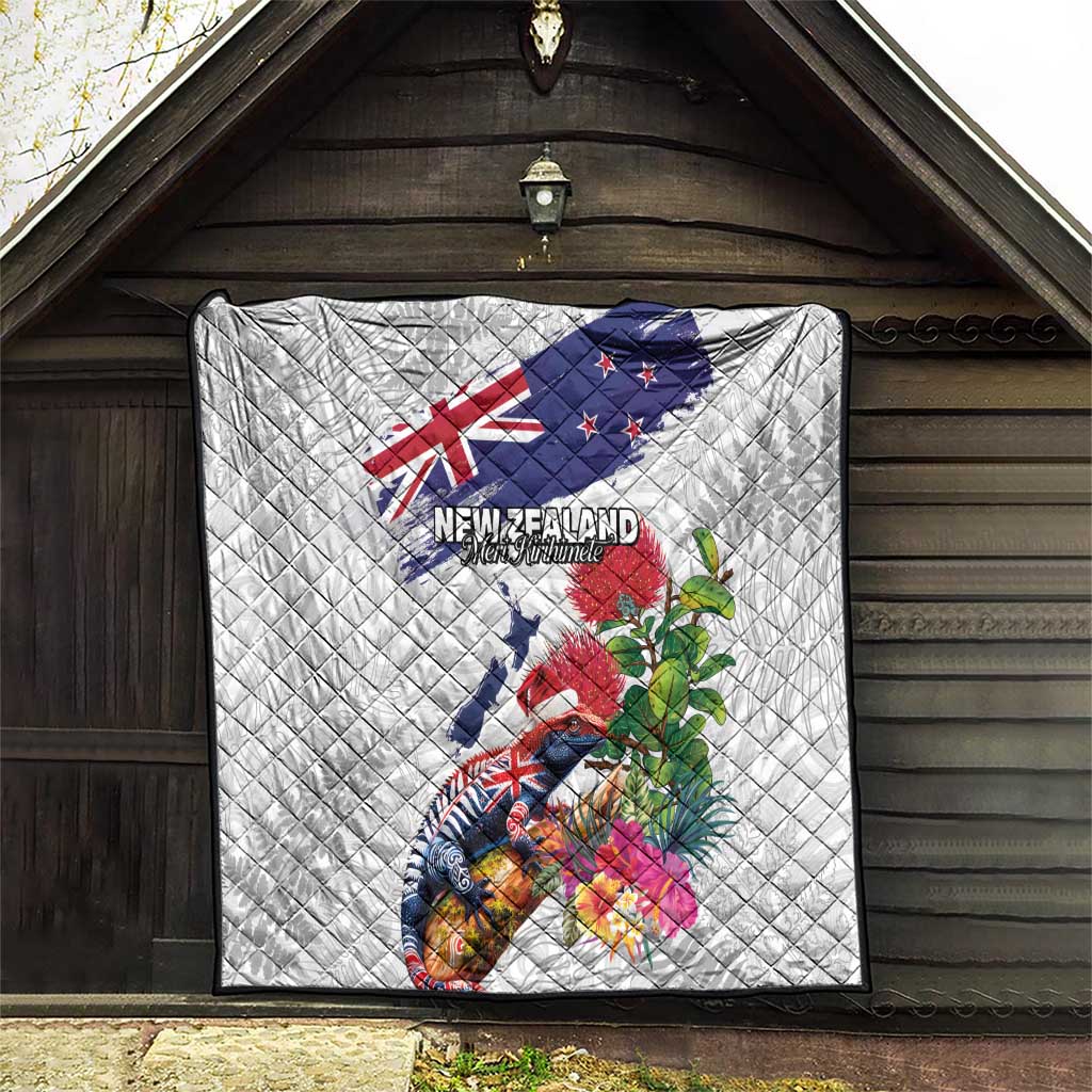 New Zealand Christmas Quilt Meri Kirihimete-Tuatara and Pohutukawa White Color LT03 - Polynesian Pride
