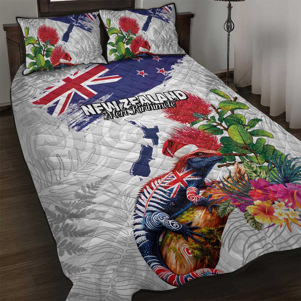 New Zealand Christmas Quilt Bed Set Meri Kirihimete-Tuatara and Pohutukawa White Color LT03 White - Polynesian Pride