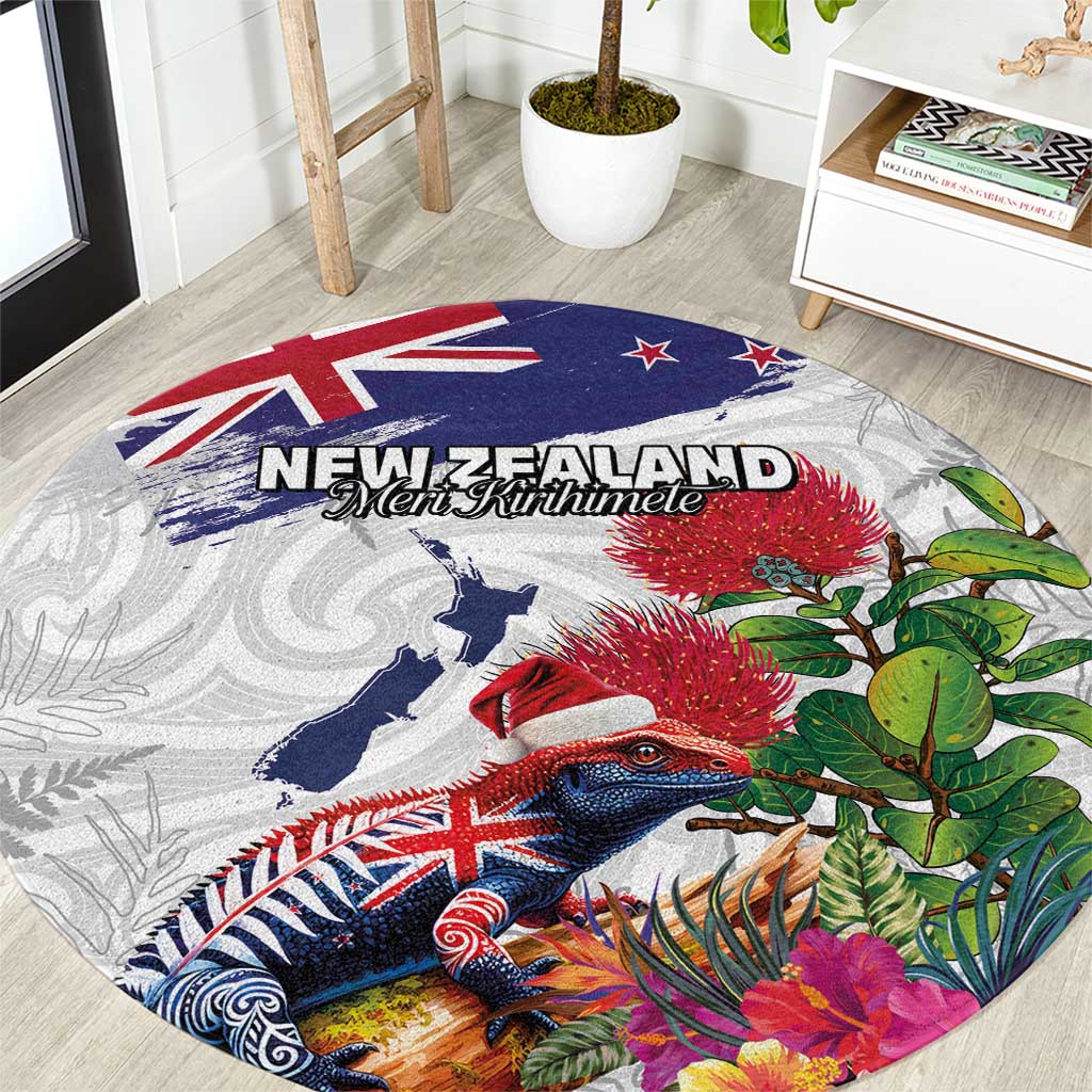 New Zealand Christmas Round Carpet Meri Kirihimete-Tuatara and Pohutukawa White Color LT03 White - Polynesian Pride