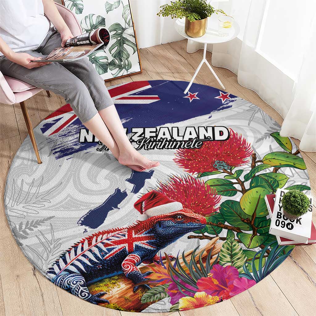 New Zealand Christmas Round Carpet Meri Kirihimete-Tuatara and Pohutukawa White Color LT03 - Polynesian Pride