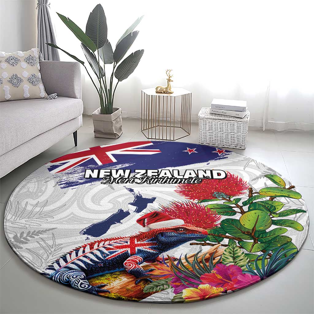 New Zealand Christmas Round Carpet Meri Kirihimete-Tuatara and Pohutukawa White Color LT03 - Polynesian Pride