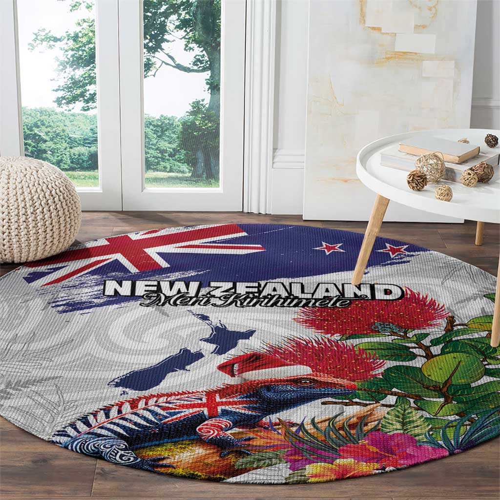 New Zealand Christmas Round Carpet Meri Kirihimete-Tuatara and Pohutukawa White Color LT03 - Polynesian Pride