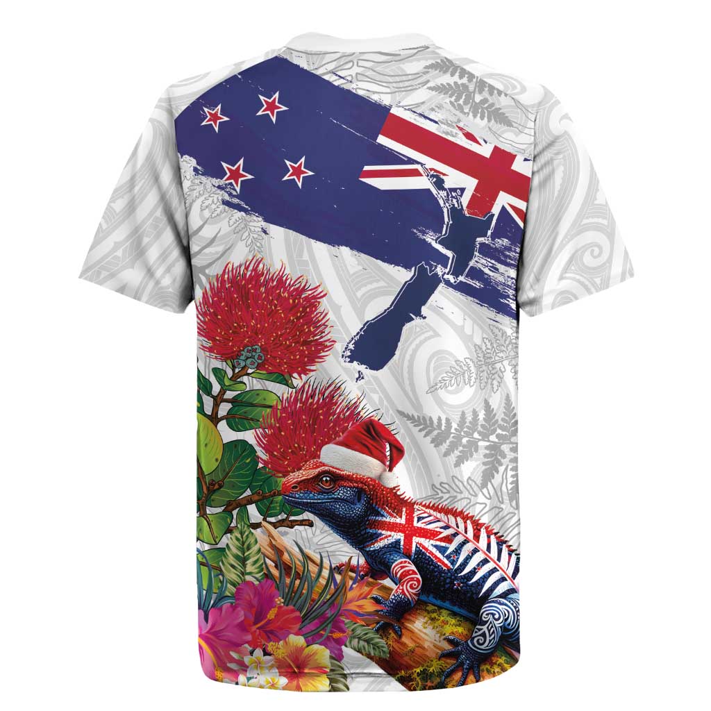 New Zealand Christmas Rugby Jersey Meri Kirihimete-Tuatara and Pohutukawa White Color LT03 - Polynesian Pride