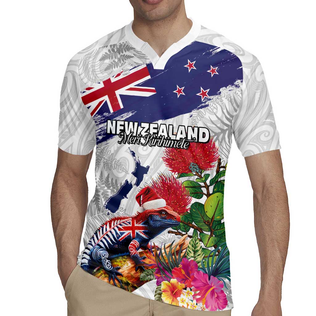 New Zealand Christmas Rugby Jersey Meri Kirihimete-Tuatara and Pohutukawa White Color LT03 - Polynesian Pride