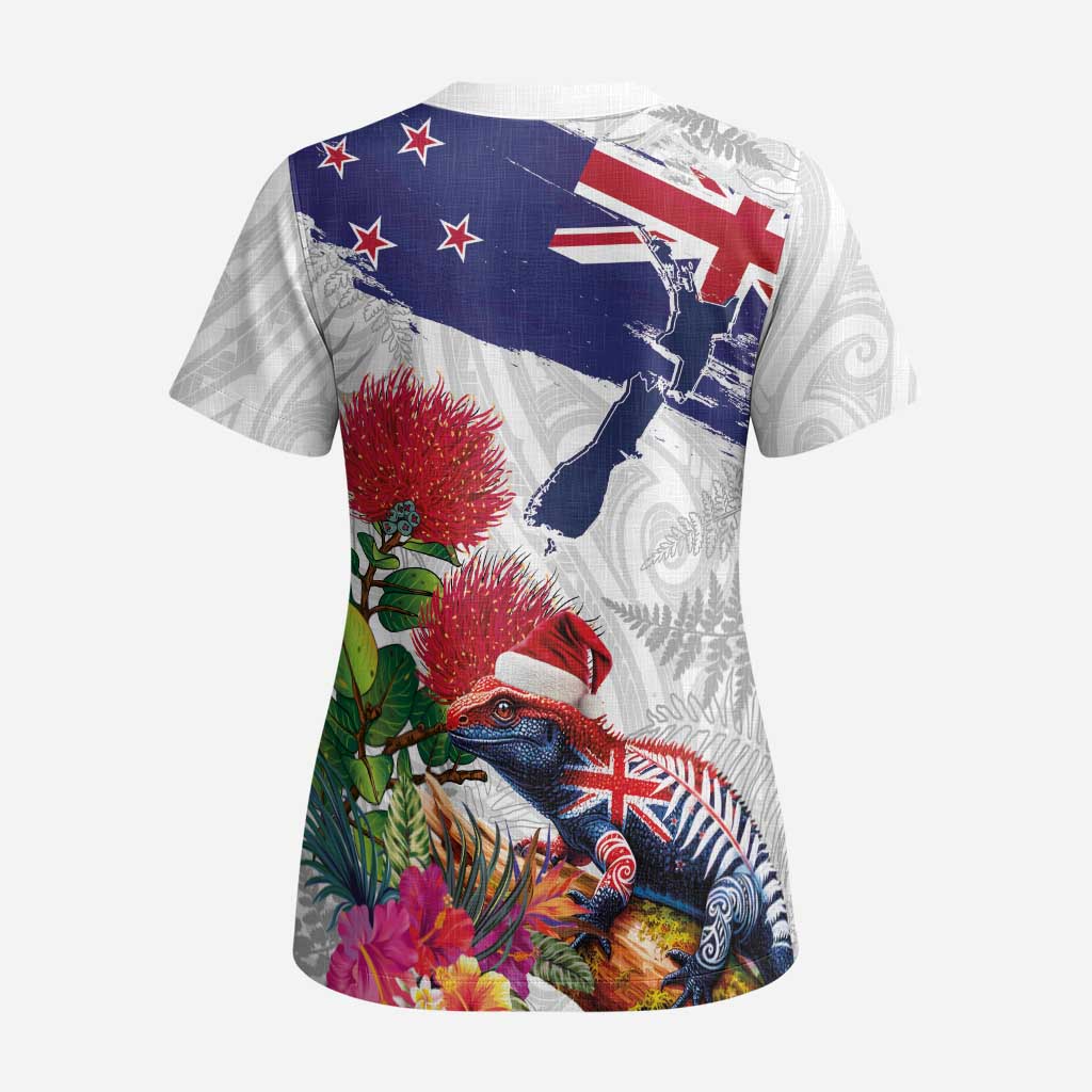 New Zealand Christmas Scrub Top Meri Kirihimete-Tuatara and Pohutukawa White Color LT03 - Polynesian Pride