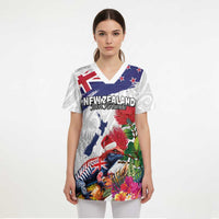 New Zealand Christmas Scrub Top Meri Kirihimete-Tuatara and Pohutukawa White Color LT03 - Polynesian Pride