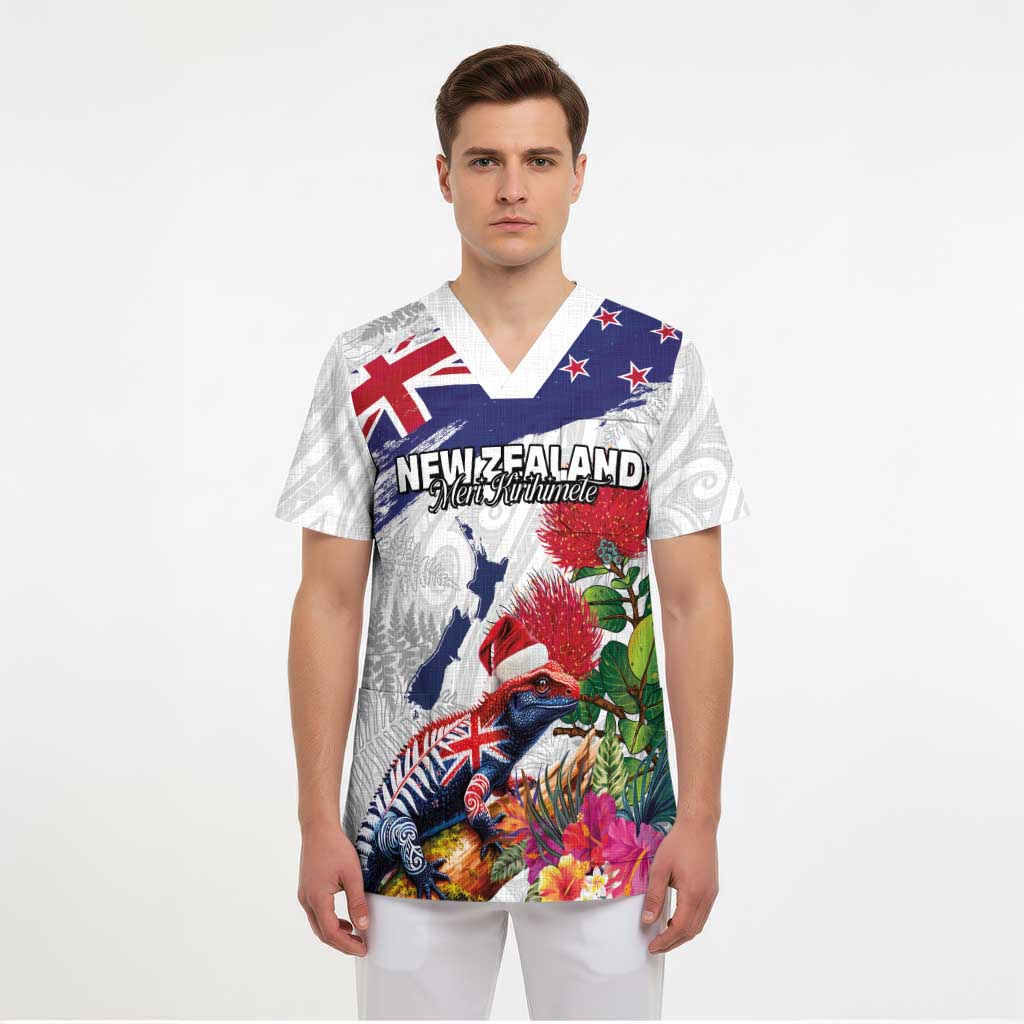 New Zealand Christmas Scrub Top Meri Kirihimete-Tuatara and Pohutukawa White Color LT03 - Polynesian Pride