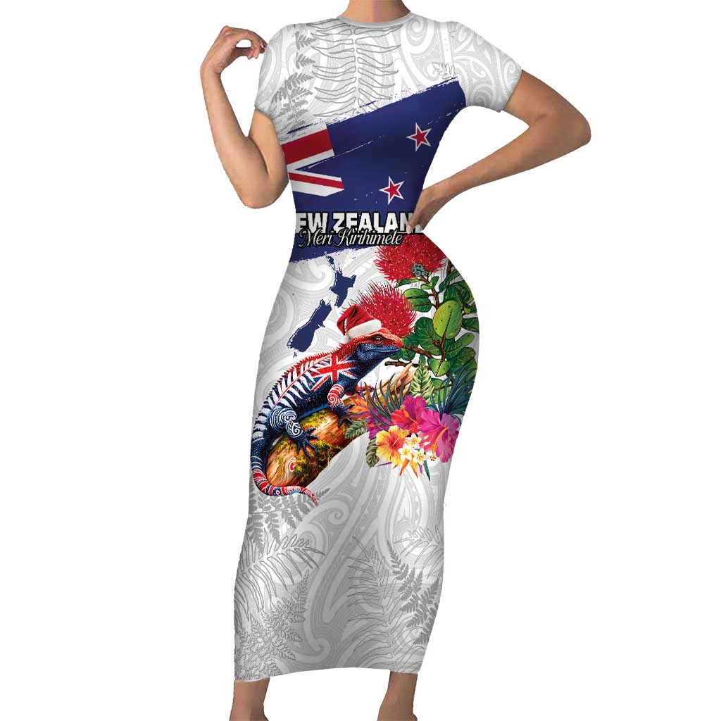 New Zealand Christmas Short Sleeve Bodycon Dress Meri Kirihimete-Tuatara and Pohutukawa White Color LT03 Long Dress White - Polynesian Pride