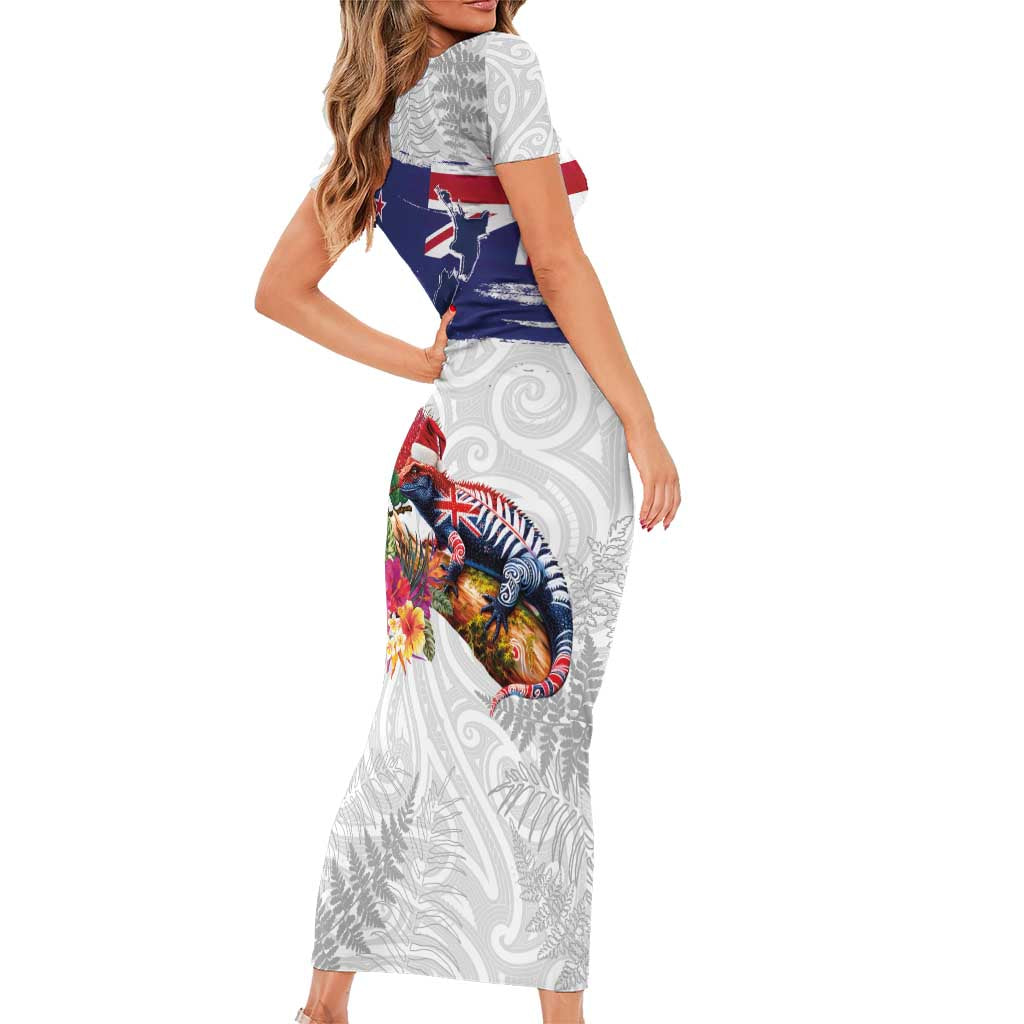 New Zealand Christmas Short Sleeve Bodycon Dress Meri Kirihimete-Tuatara and Pohutukawa White Color LT03 - Polynesian Pride