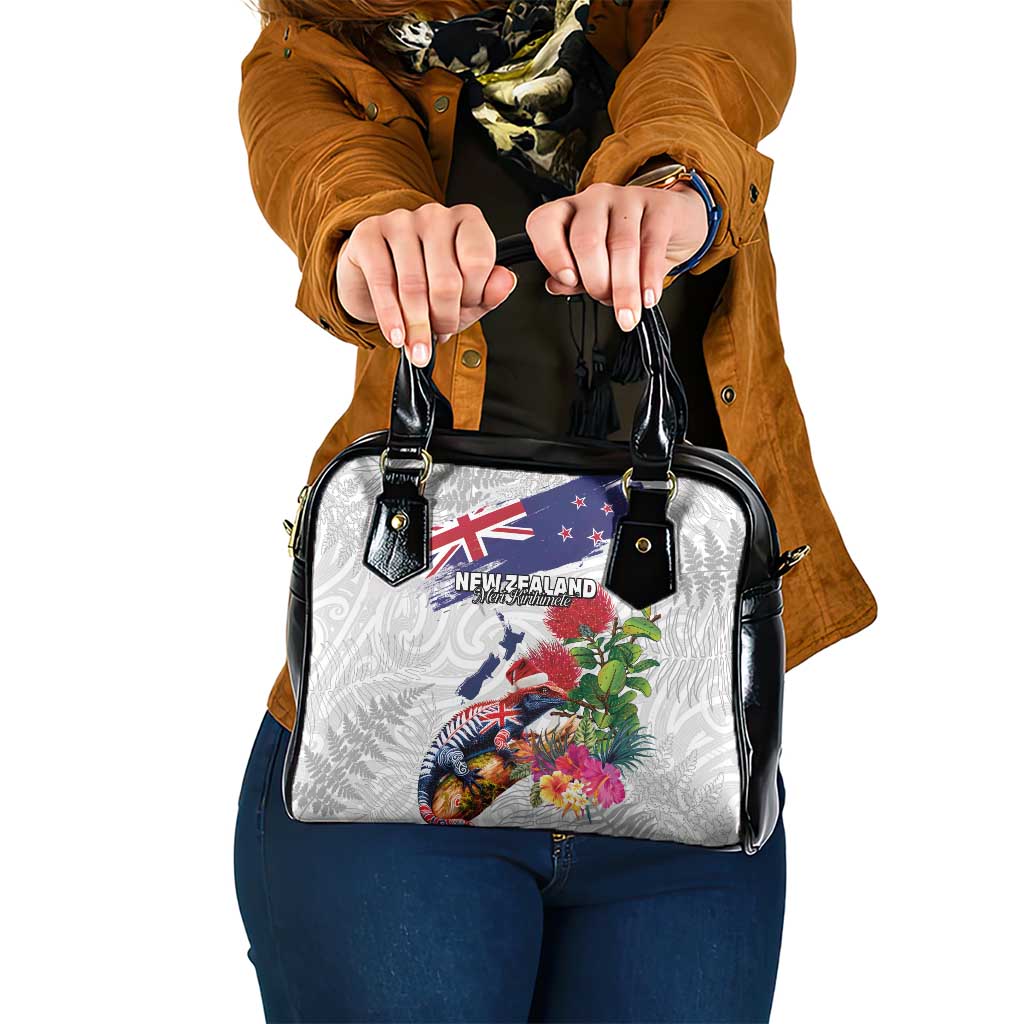 New Zealand Christmas Shoulder Handbag Meri Kirihimete-Tuatara and Pohutukawa White Color