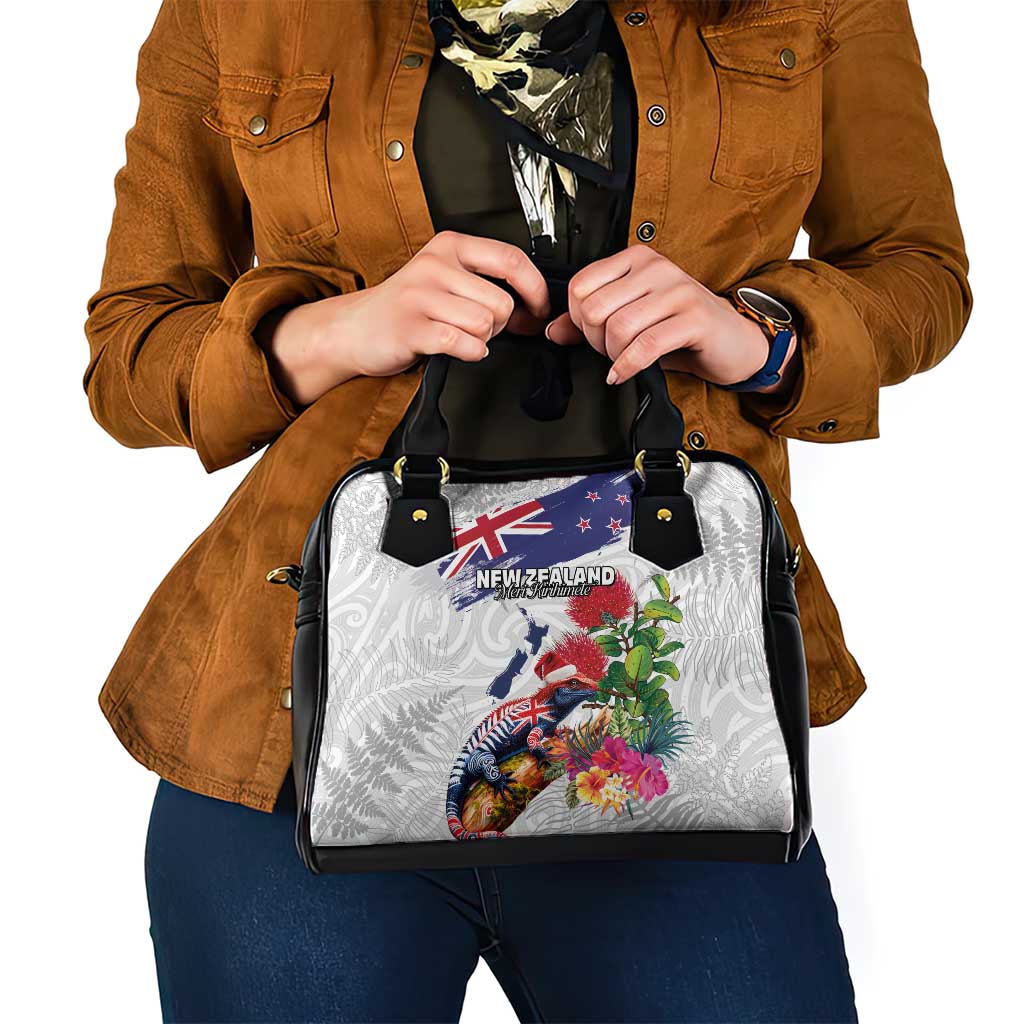 New Zealand Christmas Shoulder Handbag Meri Kirihimete-Tuatara and Pohutukawa White Color LT03 - Polynesian Pride