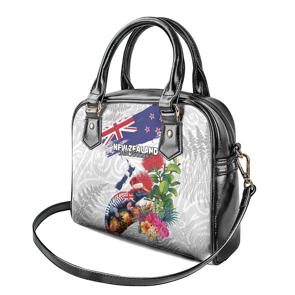 New Zealand Christmas Shoulder Handbag Meri Kirihimete-Tuatara and Pohutukawa White Color LT03 - Polynesian Pride