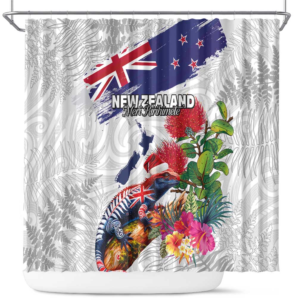 New Zealand Christmas Shower Curtain Meri Kirihimete-Tuatara and Pohutukawa White Color LT03 White - Polynesian Pride
