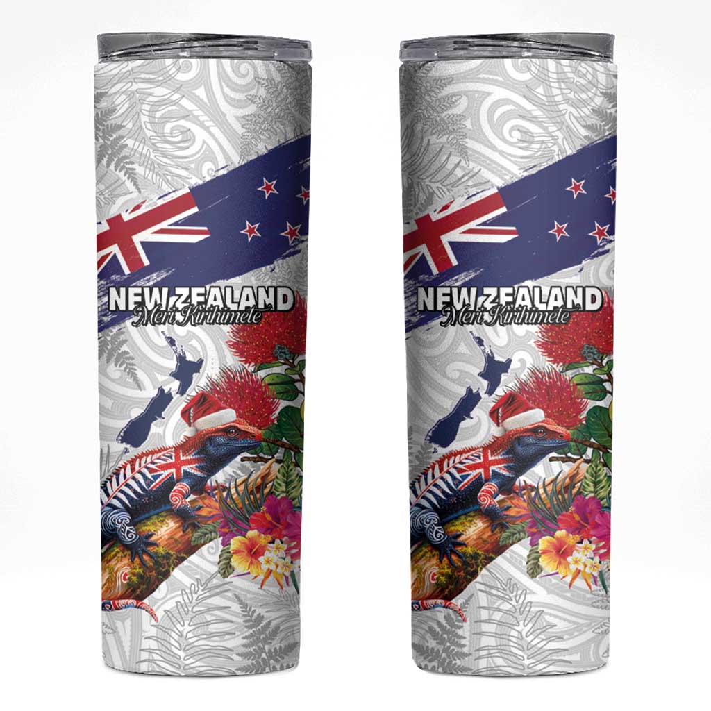 New Zealand Christmas Skinny Tumbler Meri Kirihimete-Tuatara and Pohutukawa White Color LT03 White - Polynesian Pride