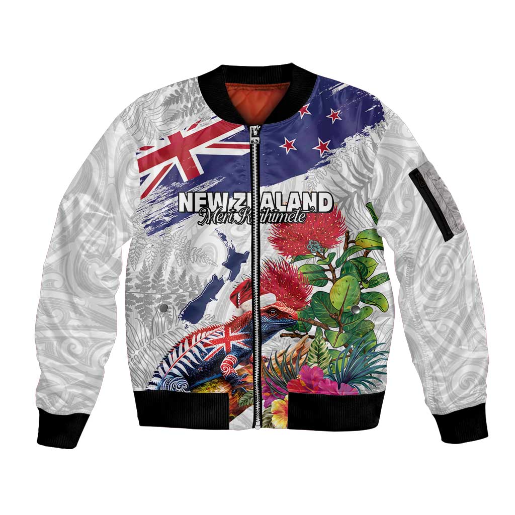 New Zealand Christmas Sleeve Zip Bomber Jacket Meri Kirihimete-Tuatara and Pohutukawa White Color LT03 Unisex White - Polynesian Pride