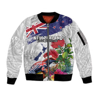 New Zealand Christmas Sleeve Zip Bomber Jacket Meri Kirihimete-Tuatara and Pohutukawa White Color LT03 Unisex White - Polynesian Pride