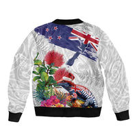 New Zealand Christmas Sleeve Zip Bomber Jacket Meri Kirihimete-Tuatara and Pohutukawa White Color LT03 - Polynesian Pride