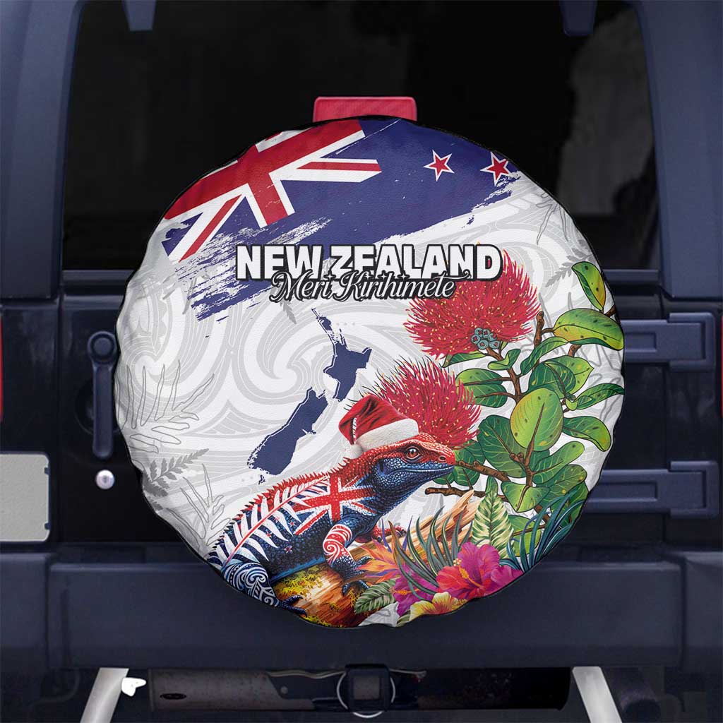New Zealand Christmas Spare Tire Cover Meri Kirihimete-Tuatara and Pohutukawa White Color LT03 No hole White - Polynesian Pride