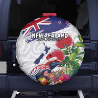 New Zealand Christmas Spare Tire Cover Meri Kirihimete-Tuatara and Pohutukawa White Color LT03 No hole White - Polynesian Pride