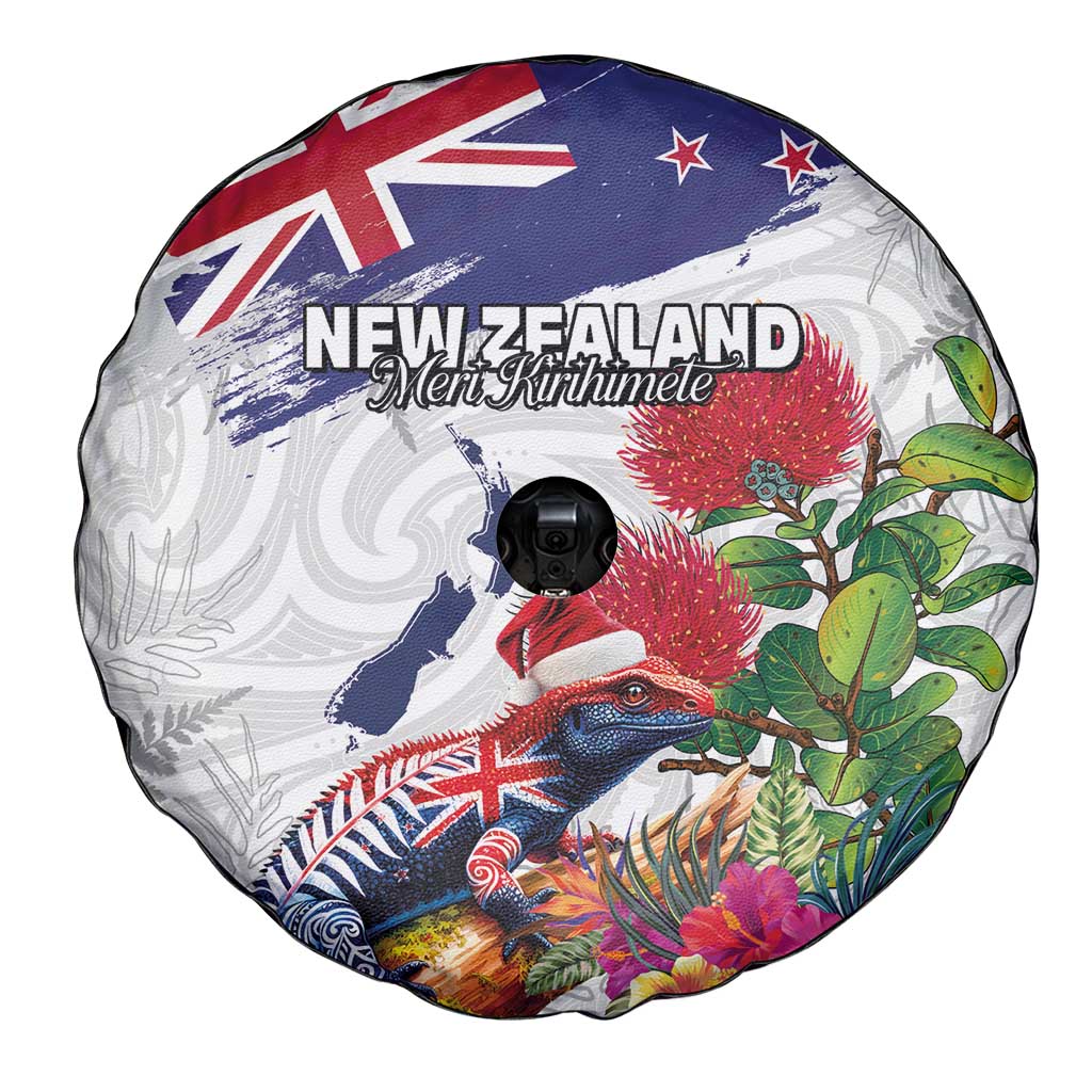 New Zealand Christmas Spare Tire Cover Meri Kirihimete-Tuatara and Pohutukawa White Color LT03 - Polynesian Pride