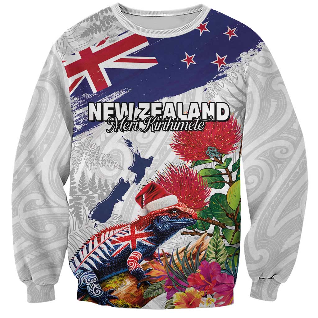 New Zealand Christmas Sweatshirt Meri Kirihimete-Tuatara and Pohutukawa White Color LT03 Unisex White - Polynesian Pride