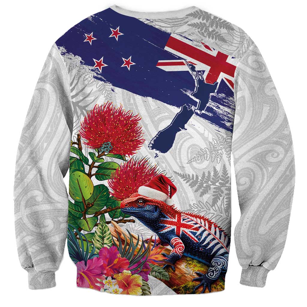 New Zealand Christmas Sweatshirt Meri Kirihimete-Tuatara and Pohutukawa White Color LT03 - Polynesian Pride