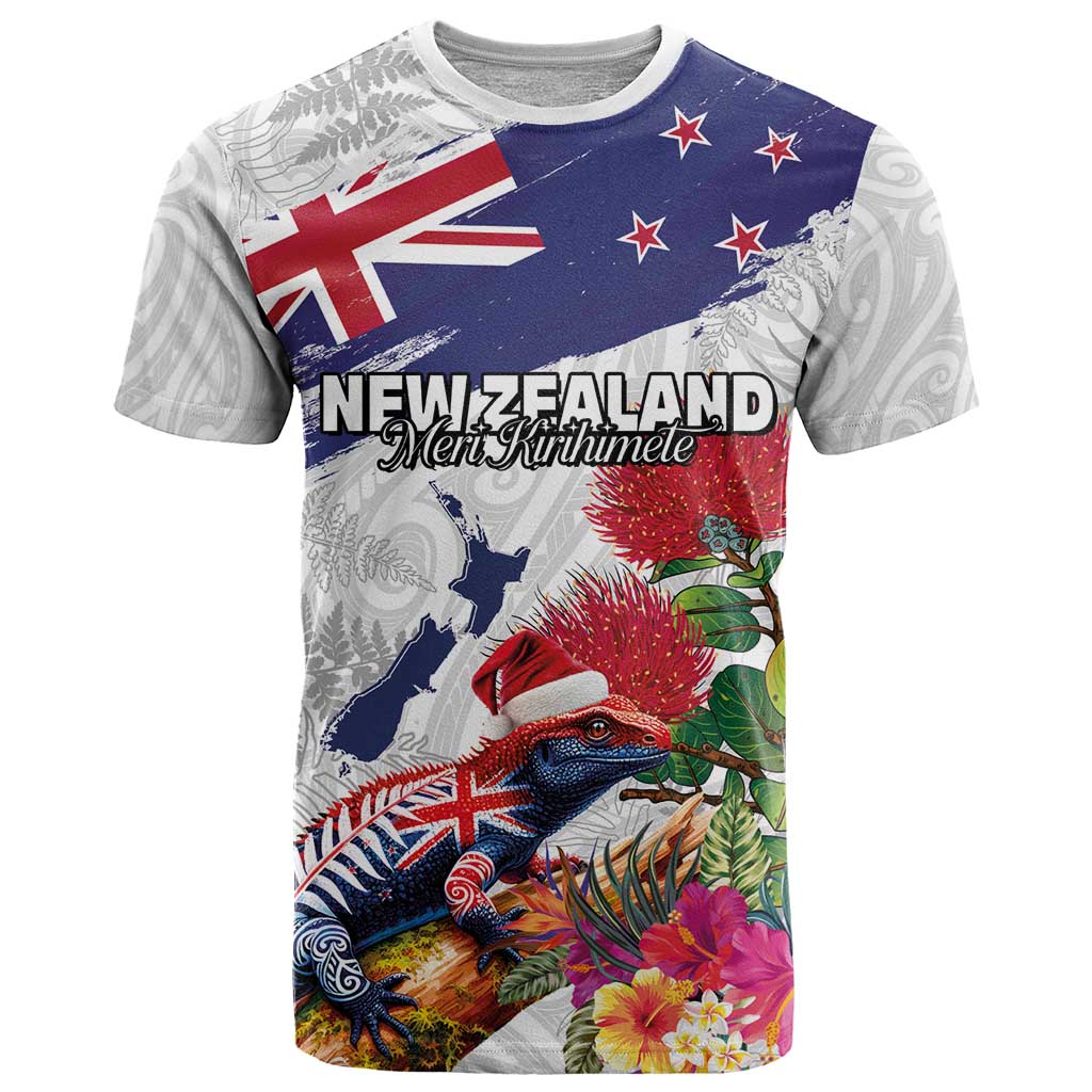 New Zealand Christmas T Shirt Meri Kirihimete-Tuatara and Pohutukawa White Color LT03 White - Polynesian Pride