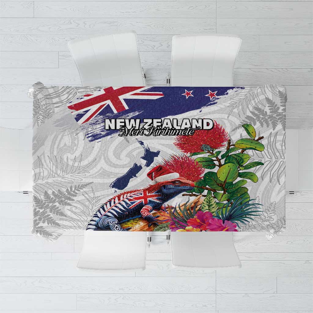 New Zealand Christmas Tablecloth Meri Kirihimete-Tuatara and Pohutukawa White Color LT03 White - Polynesian Pride
