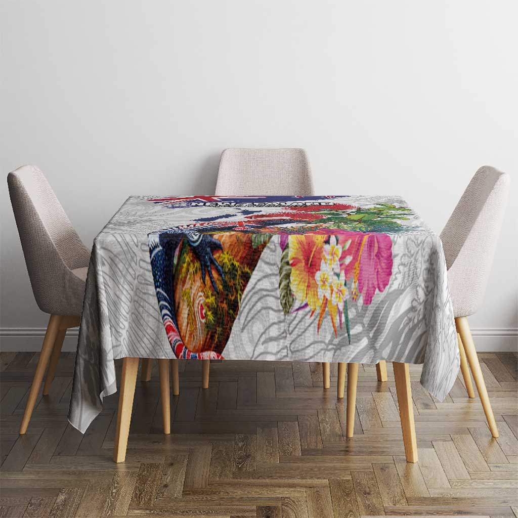 New Zealand Christmas Tablecloth Meri Kirihimete-Tuatara and Pohutukawa White Color LT03 - Polynesian Pride