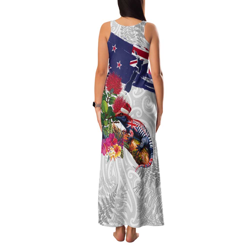 New Zealand Christmas Tank Maxi Dress Meri Kirihimete-Tuatara and Pohutukawa White Color LT03 - Polynesian Pride