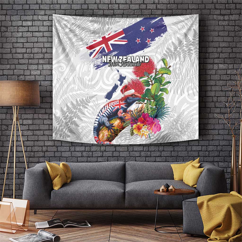 New Zealand Christmas Tapestry Meri Kirihimete-Tuatara and Pohutukawa White Color LT03 White - Polynesian Pride