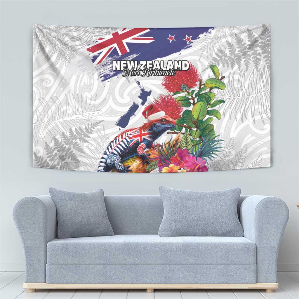New Zealand Christmas Tapestry Meri Kirihimete-Tuatara and Pohutukawa White Color LT03 - Polynesian Pride
