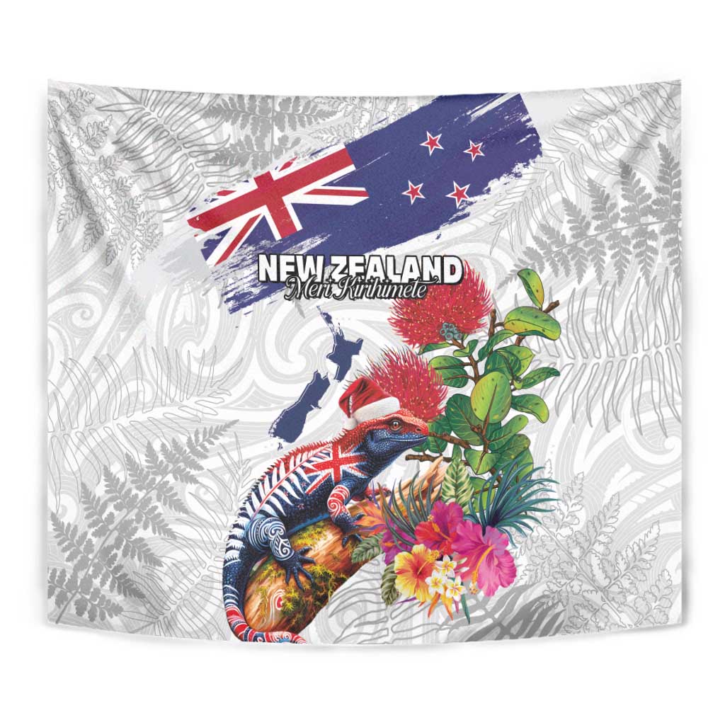 New Zealand Christmas Tapestry Meri Kirihimete-Tuatara and Pohutukawa White Color LT03 - Polynesian Pride