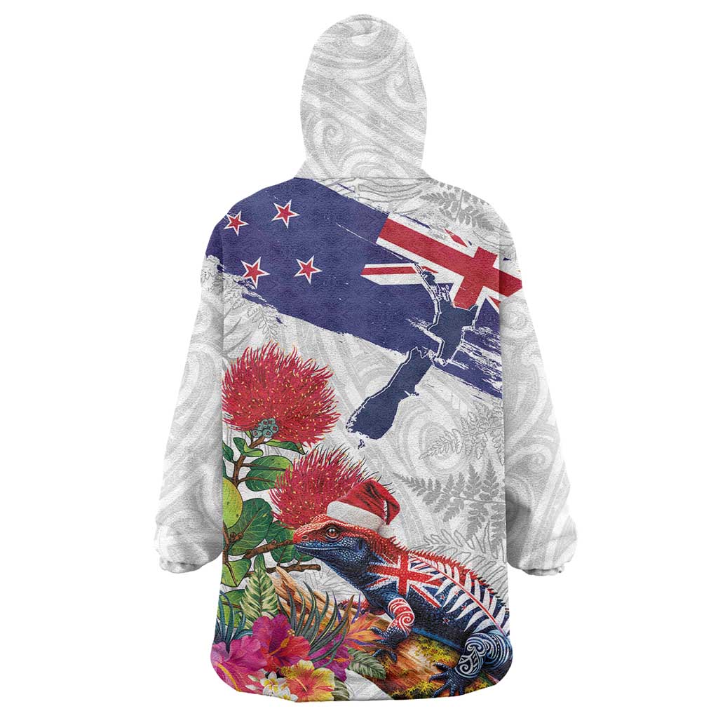 New Zealand Christmas Wearable Blanket Hoodie Meri Kirihimete-Tuatara and Pohutukawa White Color LT03 - Polynesian Pride