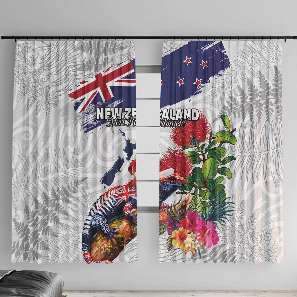 New Zealand Christmas Window Curtain Meri Kirihimete-Tuatara and Pohutukawa White Color LT03 With Hooks White - Polynesian Pride