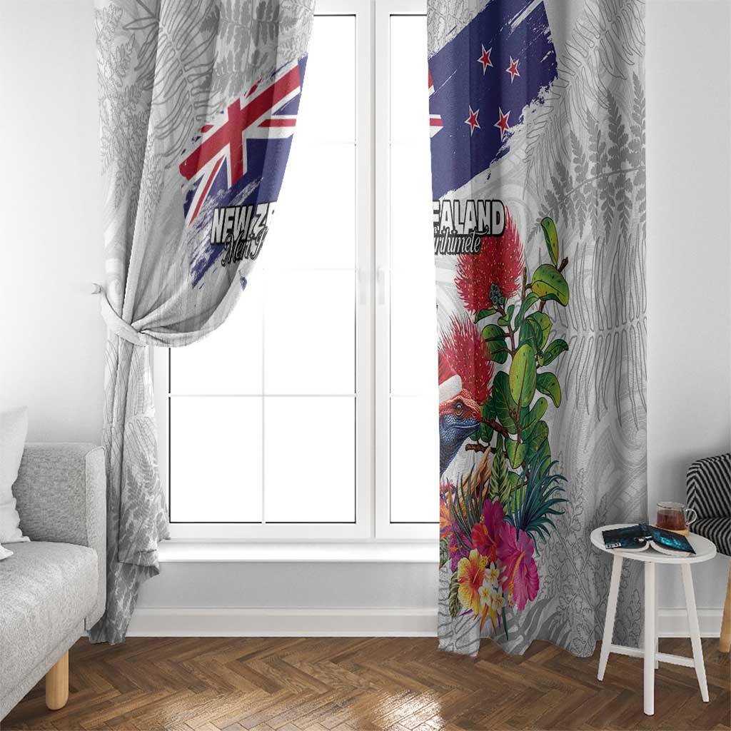 New Zealand Christmas Window Curtain Meri Kirihimete-Tuatara and Pohutukawa White Color LT03 - Polynesian Pride