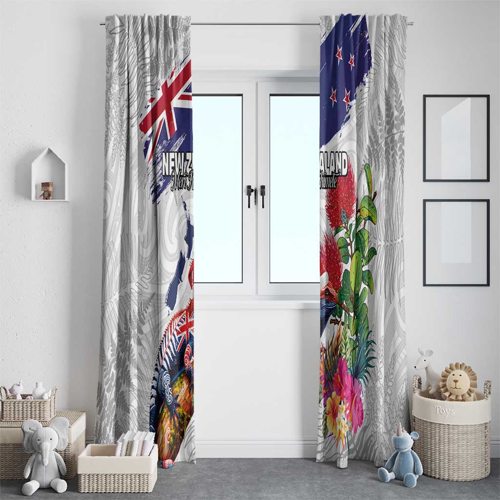New Zealand Christmas Window Curtain Meri Kirihimete-Tuatara and Pohutukawa White Color LT03 - Polynesian Pride