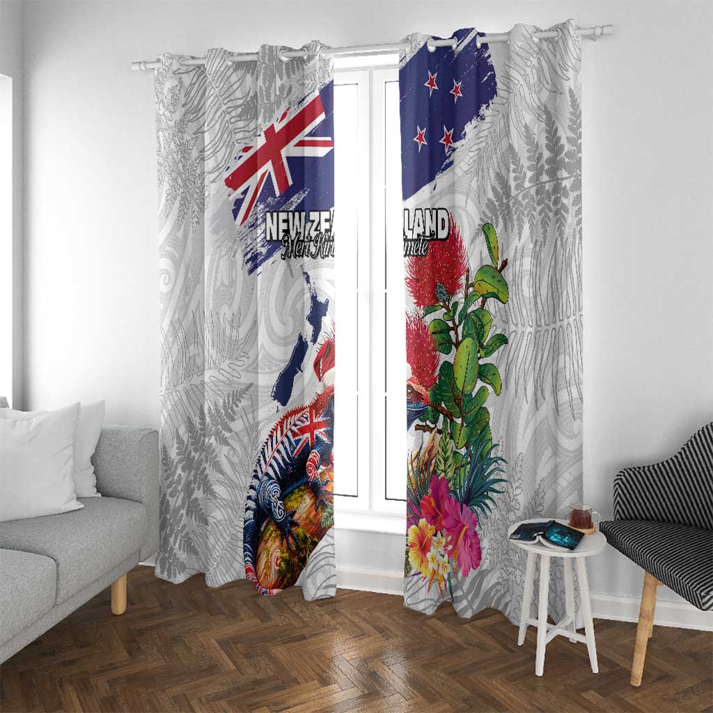 New Zealand Christmas Window Curtain Meri Kirihimete-Tuatara and Pohutukawa White Color LT03 With Grommets White - Polynesian Pride