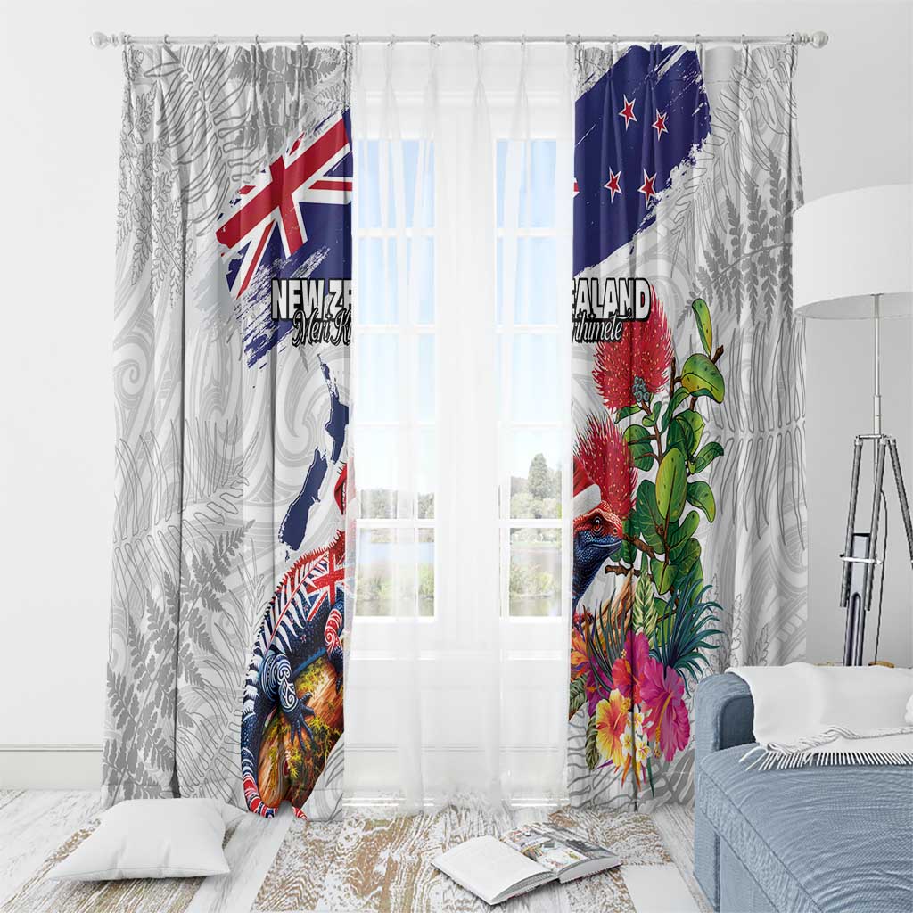 New Zealand Christmas Window Curtain Meri Kirihimete-Tuatara and Pohutukawa White Color LT03 - Polynesian Pride
