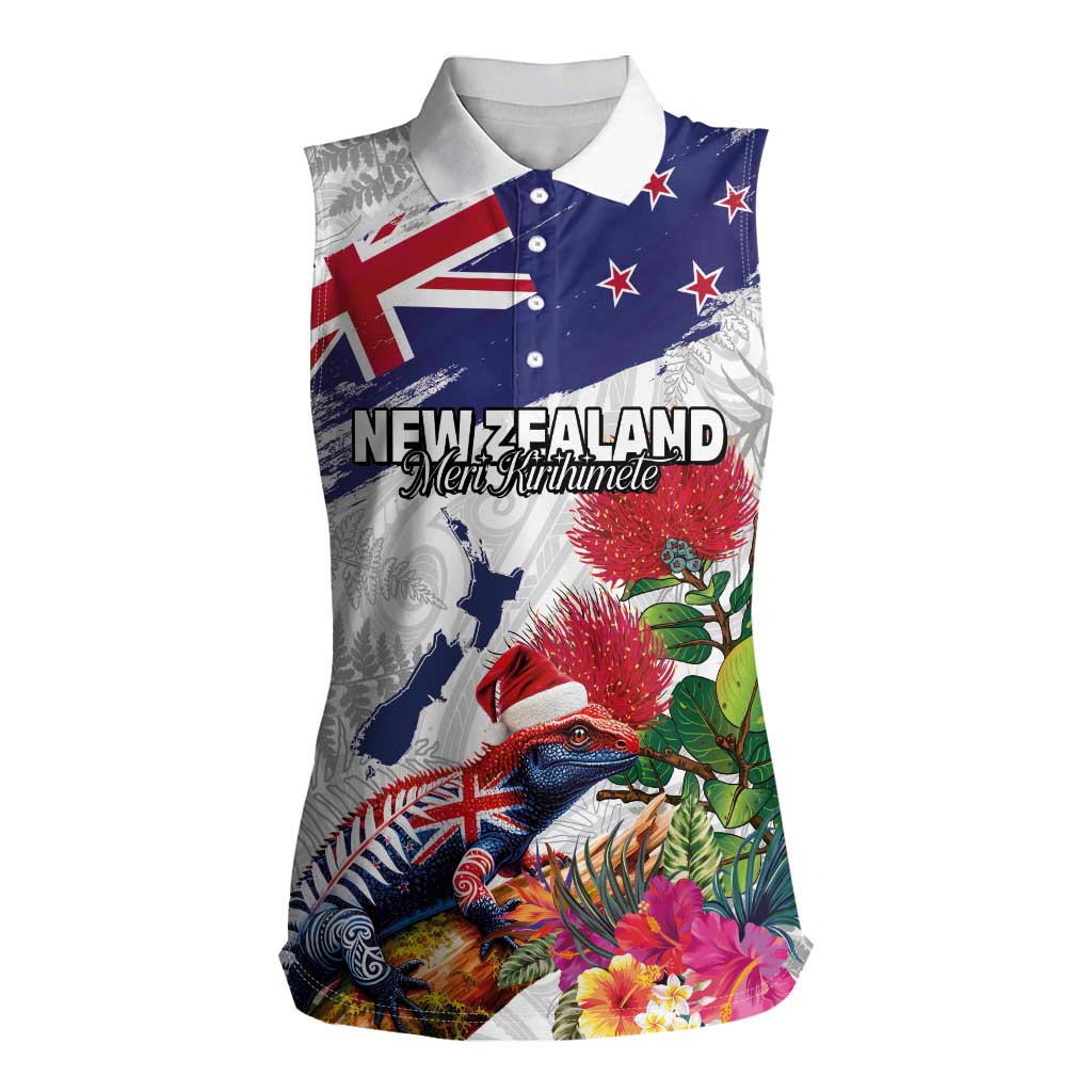 New Zealand Christmas Women Sleeveless Polo Shirt Meri Kirihimete-Tuatara and Pohutukawa White Color LT03 Female White - Polynesian Pride